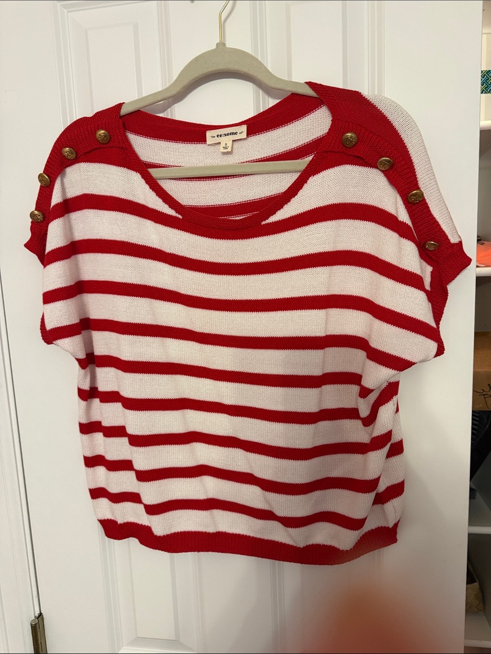 Never worn Red & White Striped Short Sleeve Sweater - Button Shoulder Detail